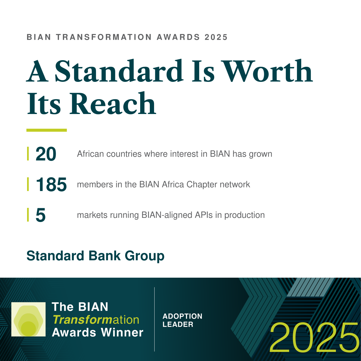 Standard Bank – BIAN Transformation Awards 2025 · Winner, Adoption Leader