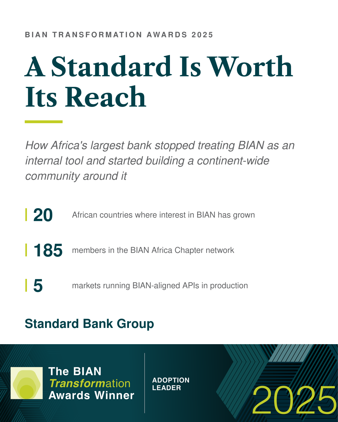 Standard Bank – BIAN Transformation Awards 2025 · Winner, Adoption Leader
