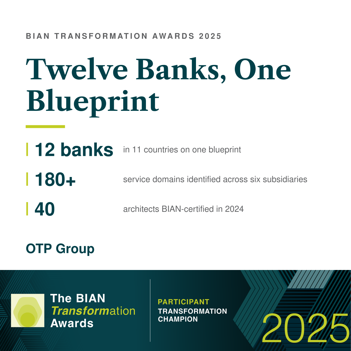 OTP Group – BIAN Transformation Awards 2025 · Participant, Transformation Champion