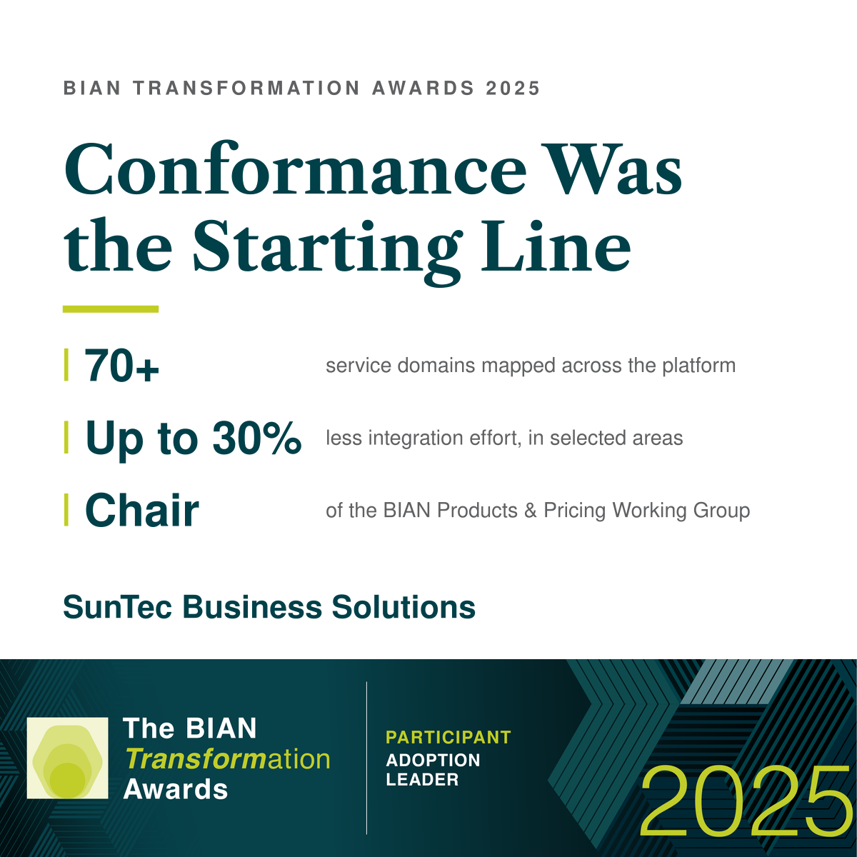 SunTec Business Solutions – BIAN Transformation Awards 2025 · Participant, Adoption Leader